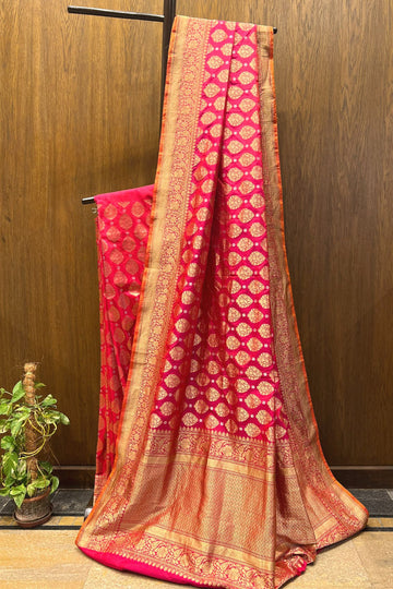 Red Silver Gold Buti Banarasi Saree